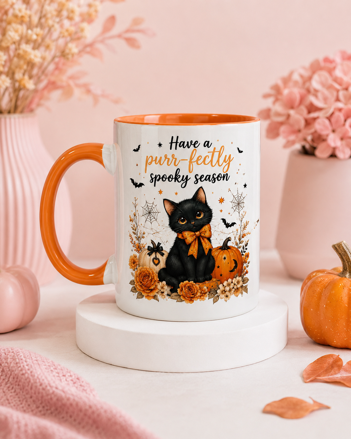Purr-fectly Spooky black cat Halloween mug with orange handle