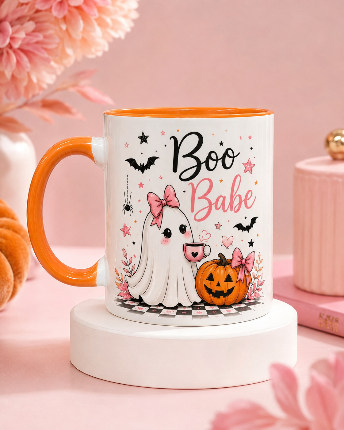 Boo Babe pink ghost Halloween mug with orange handle