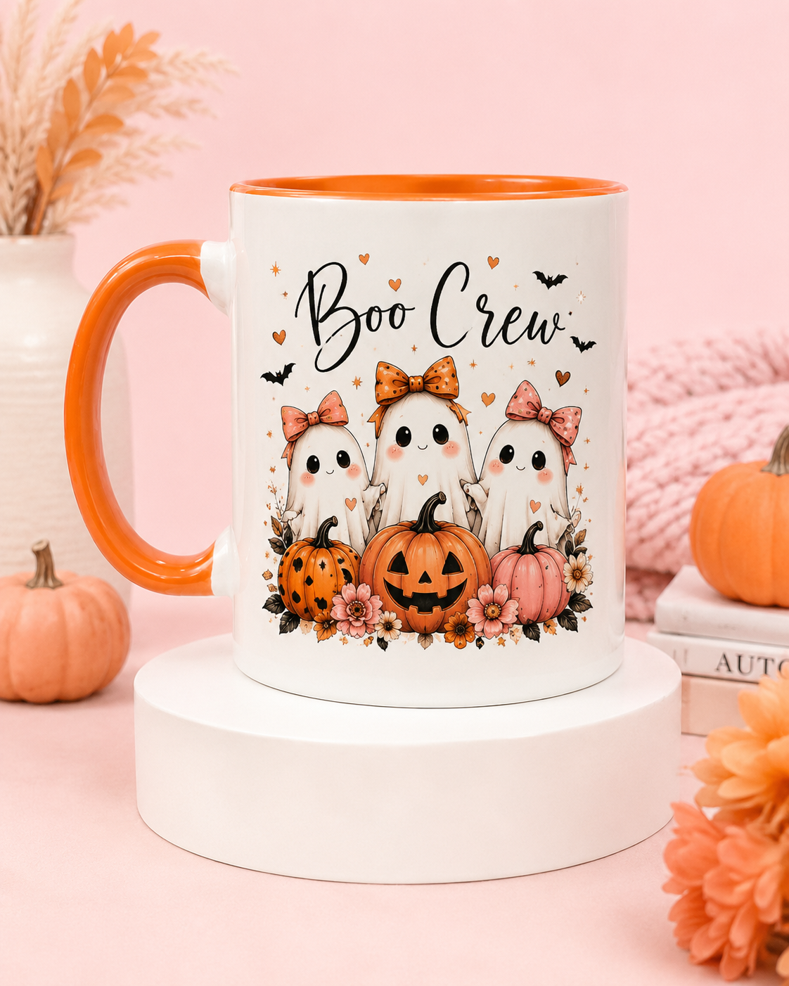 Boo Crew Halloween ghost mug with orange handle