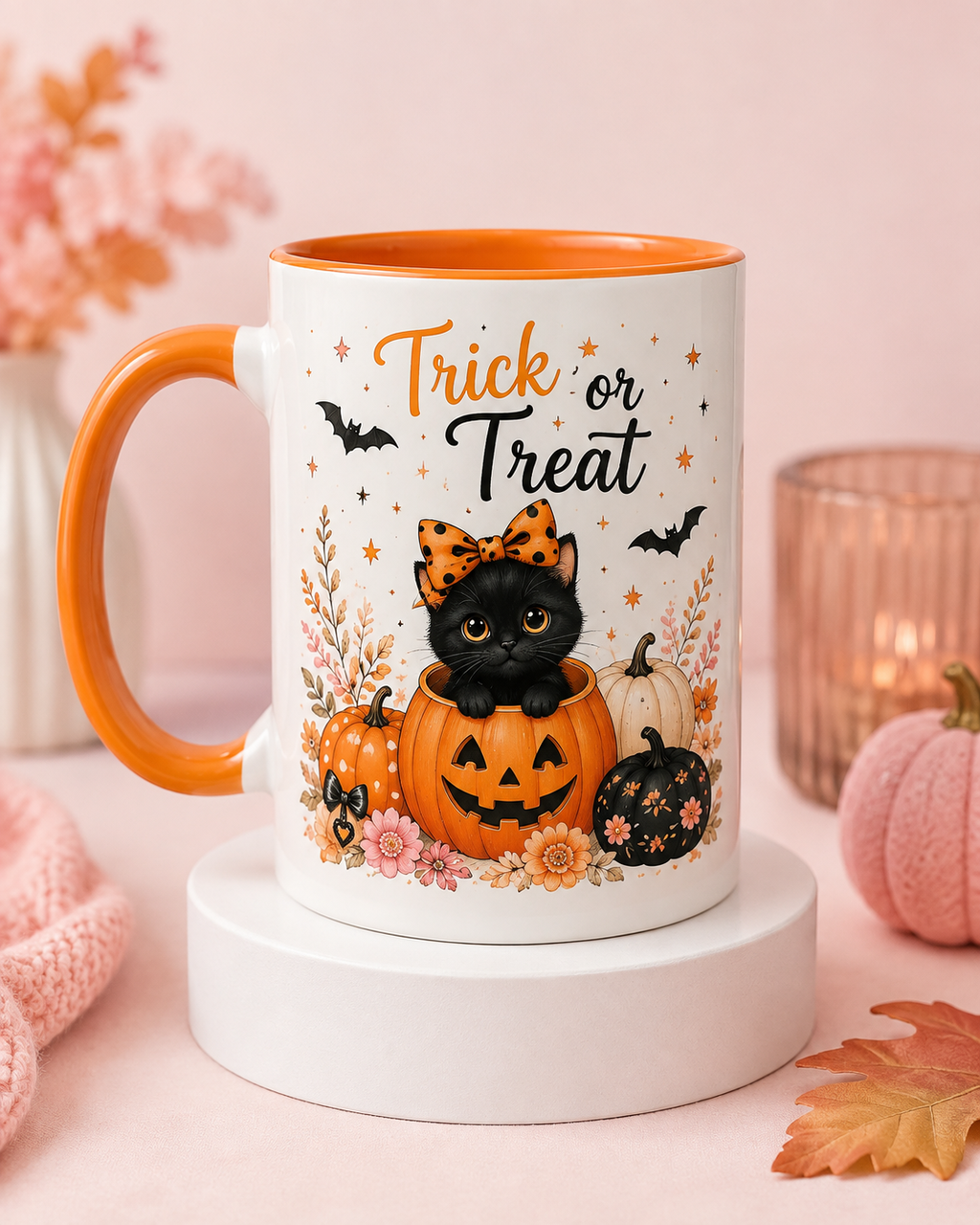 Trick or Treat black cat Halloween mug with orange handle