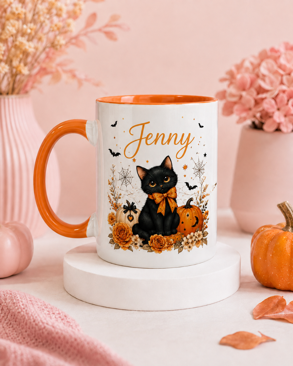 Personalised Halloween black cat mug example with name Jenny