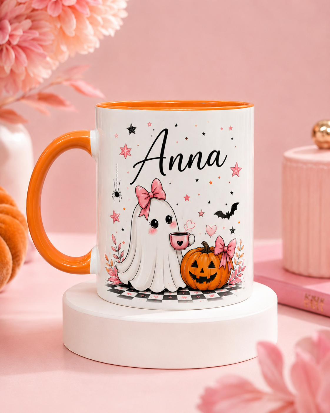 Personalised ghost and pumpkin Halloween mug example