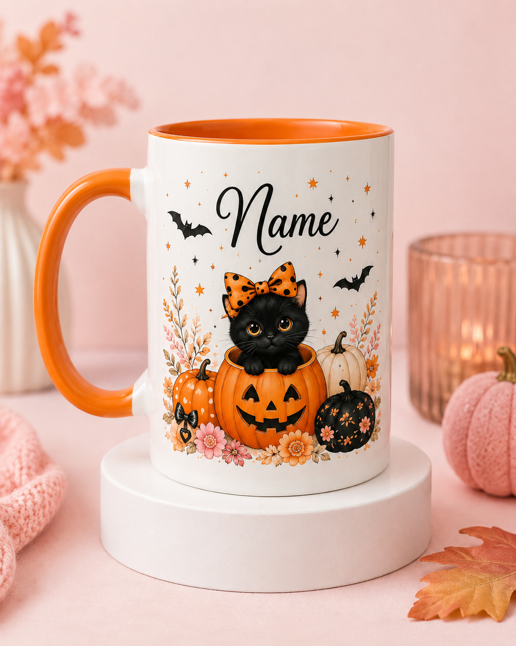 Personalised Halloween cat mug with custom name