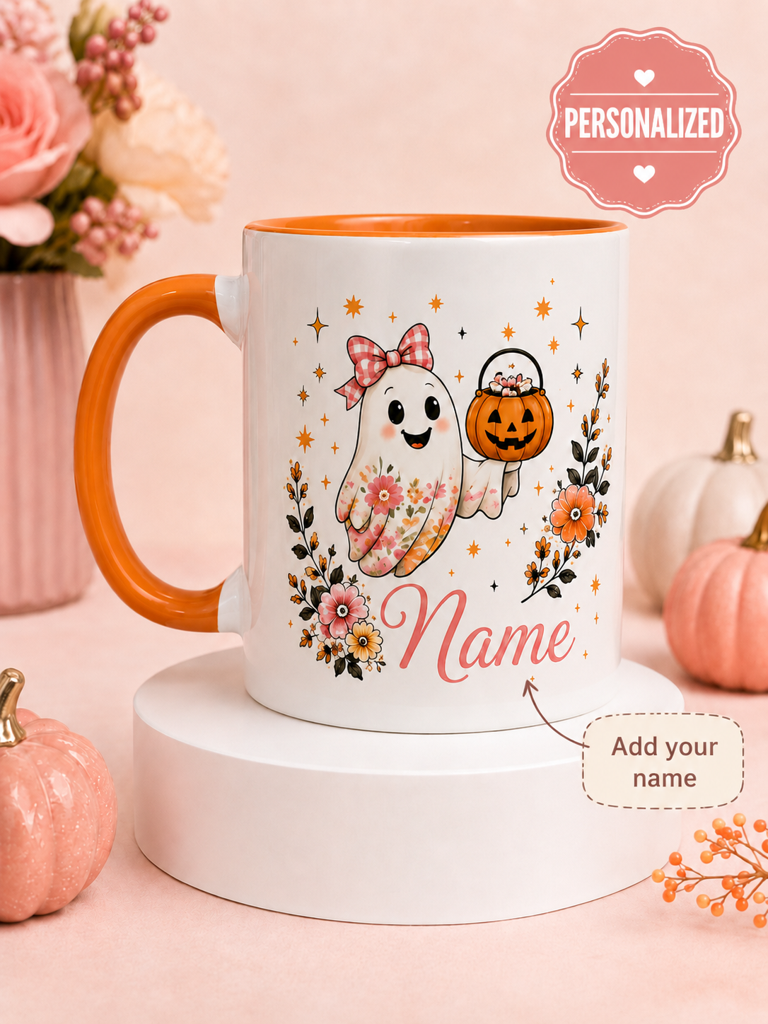 Personalised floral ghost Halloween mug