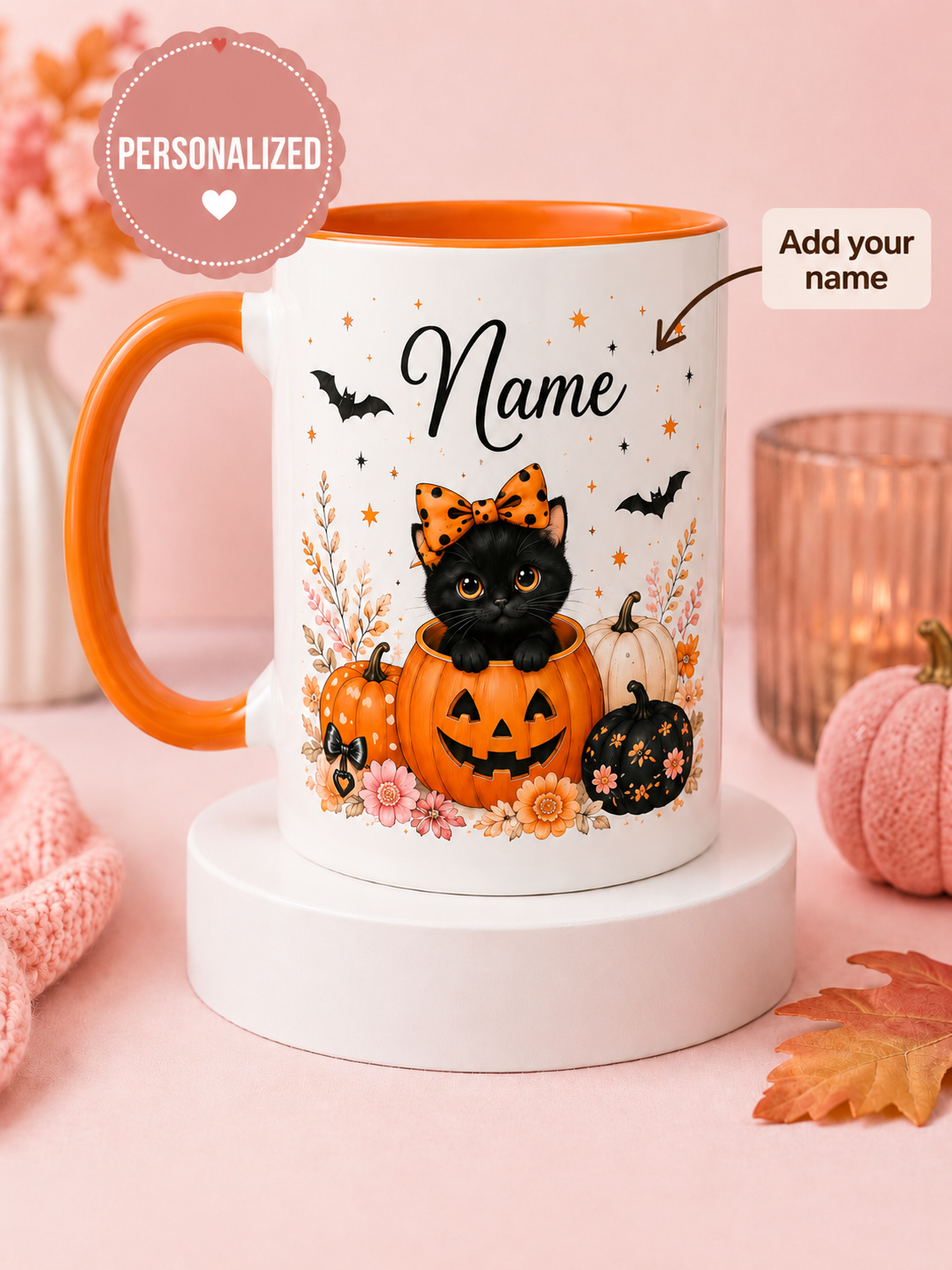 Personalised pink Halloween kitten mug