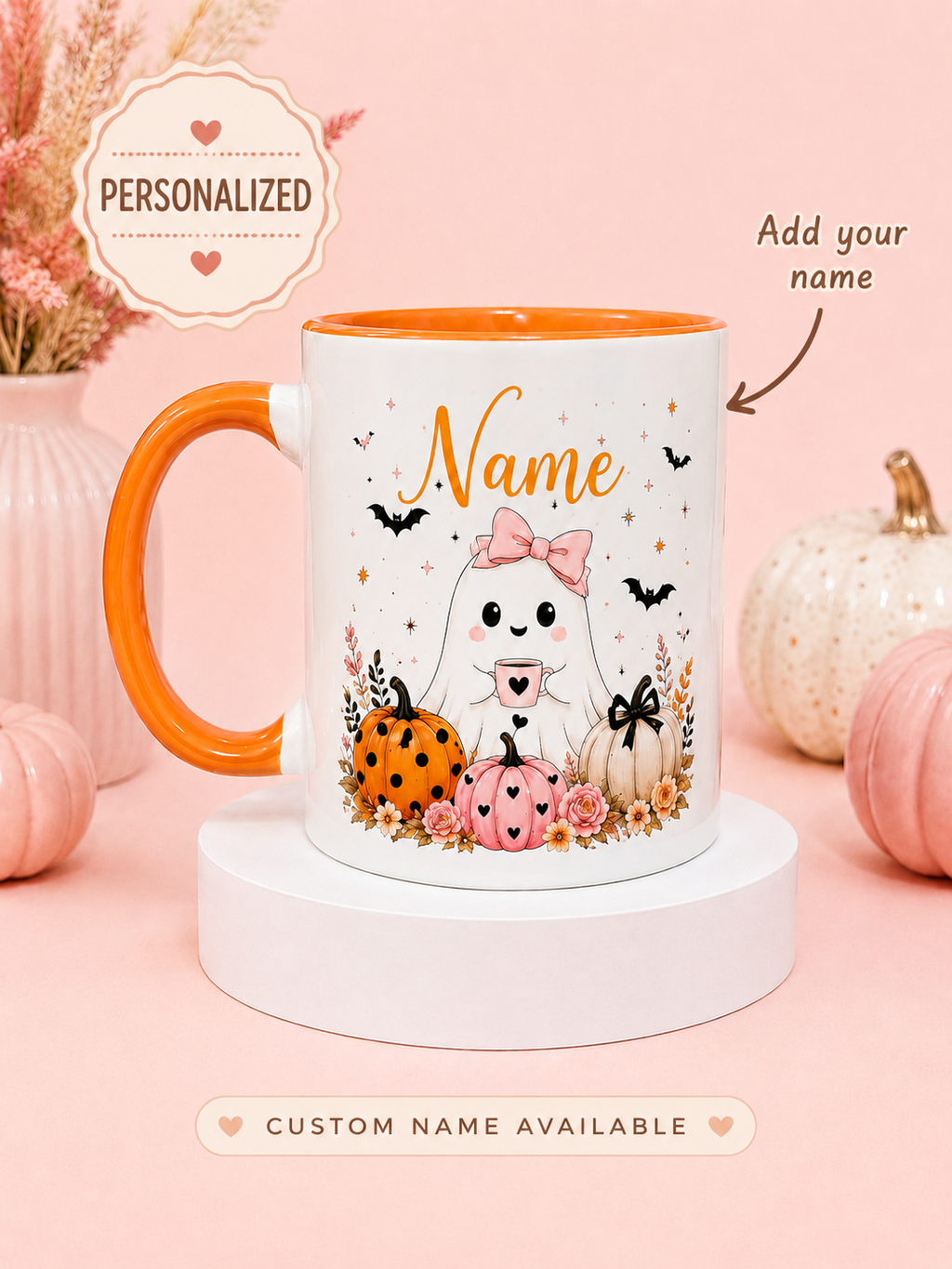 Personalised pink Halloween mug with custom name