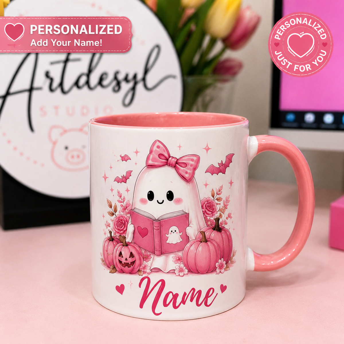 Pink personalised spooky mug with ArtDesyl Studio background
