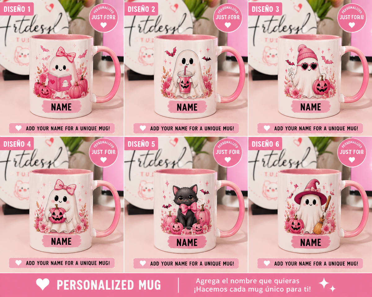 Pink personalised Halloween mug design selection chart