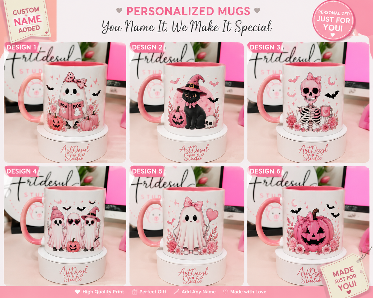 Personalised pink Halloween mug collection overview